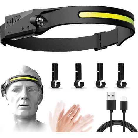 Lampe frontale LED rechargeable USB, puissante lampe COB avec détecteur de mouvement pour course nocturne extérieure, cyclisme, pêche, camping (1/5)