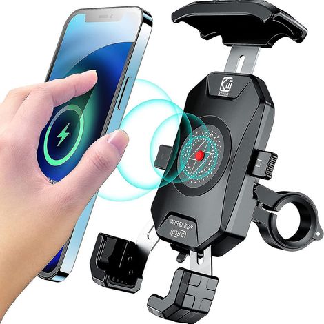 Support de téléphone pour moto avec chargeur sans fil et USB-C, étanche IP66, compatible avec les téléphones de 4 à 7 pouces, utilisation à une main.