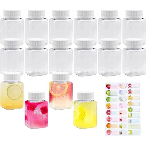 Mini Bouteille de Jus en Plastique 100ML - 16 Pièces Transparentes PET Réutilisables Avec Couvercles - Petite Bouteille Carrée Scellée pour Lait et Smoothies (1/5)