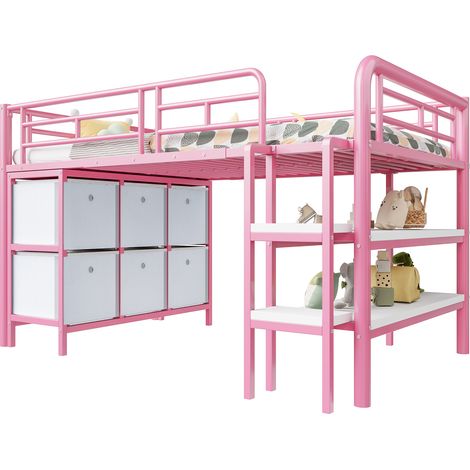 Cama Alta Infantil Individual con Almacenaje, Cajones y Estantes, 90 × 200 cm, sin Colchón, Rosa