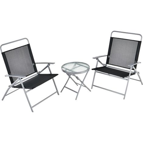 GOPLUS 3 PCs Salon de Jardin Pliable-2 Chaises en Textilène&1 Table Basse en Verre Trempé-Cadre Métallique-pour Jardin/Terrasse Noir (1/5)