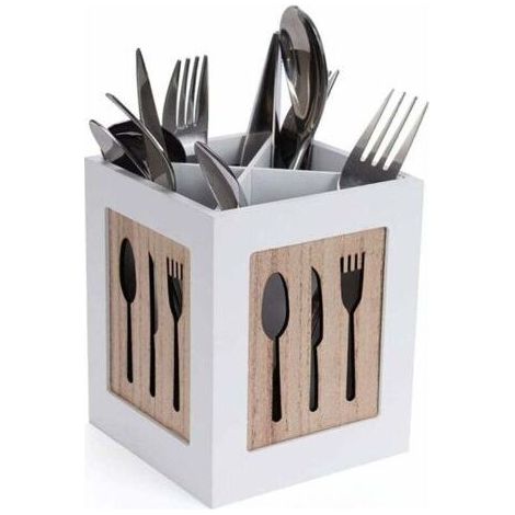 Bote à couverts en bois - Panier à couverts pour cuillère, fourchette, couteau - Range-couverts décoratif avec motif couverts - Pour table à manger, cuisine, restaurant - Blanc (1/5)