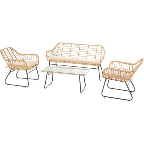 Hesperide – Salon de jardin Lambada 4 places – Structure acier époxy – Résine tressée – Table basse en verre trempé – Coussins déhoussables