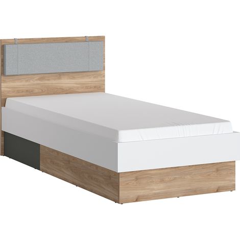 Jugendbett 90 cm mit hellgrauem Kopfteilpolster, Eiche Nb. mit weiß und grau TOMAR-129, B/H/T ca. 95,3/95,5/204,9 cm (1/5)