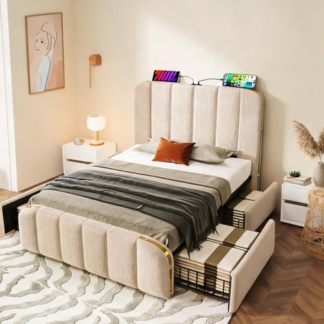 Cadre de lit beige en lin 215 x 98 x 101 cm (1/5)