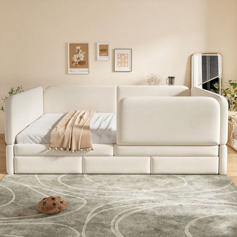 Lit junior capitonné 140x200 cm, barrière de protection tout autour, angles sécurisés, coffre de rangement intégré, housse en velours beige, sans matelas, pour enfant (1/5)