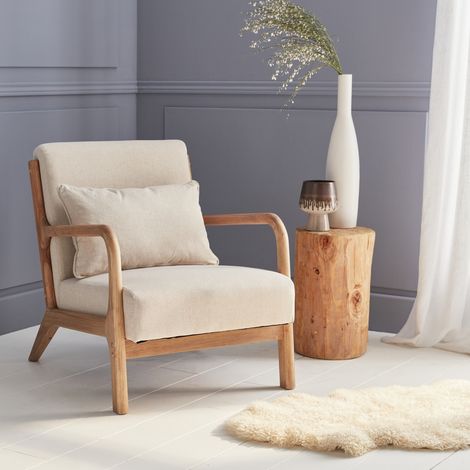 Poltrona scandinava in legno e tessuto con braccioli (1/5)