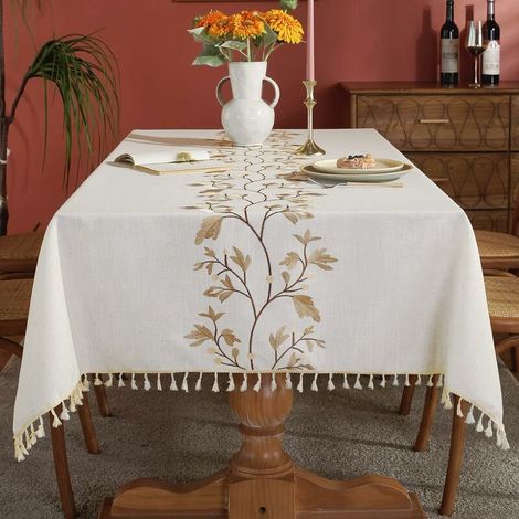 Nappe rectangulaire imperméable en coton et lin, couleur café, 140 x 140 cm (55 x 55 pouces), idéale pour une table à manger de style campagnard. (1/5)