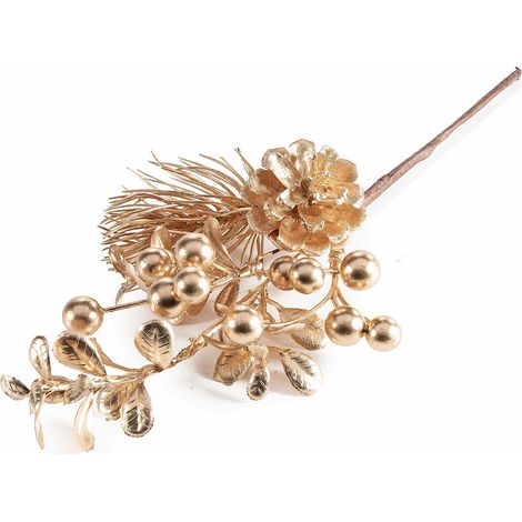 Rametti pick natalizi con pigna, bacche e decori dorati, set da 12 pezzi, cm 15 H (con gambo 27)