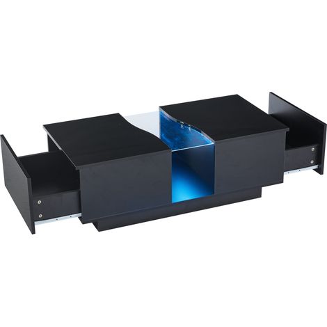 Table basse noire laquée avec LED intégrée, 2 tiroirs, 100 x 50 x 35 cm en MDF et acrylique (1/5)