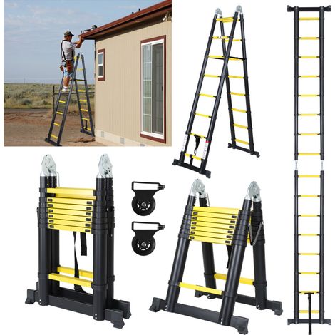 SWANEW Teleskopleiter 2,5m+2,5m mit Rädern Stehleiter Klappleiter Stabil Aluminium bis 150kg (1/5)