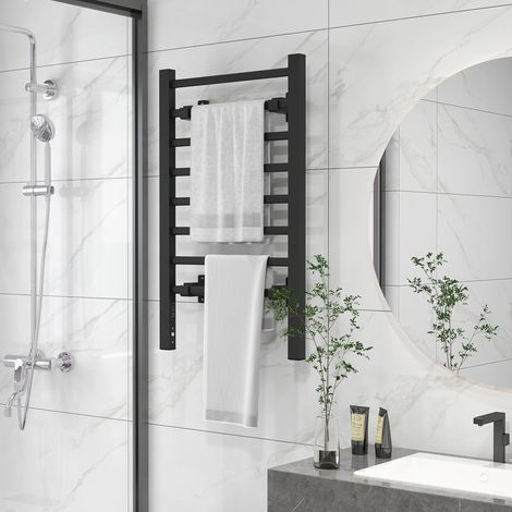Sèche-serviettes électrique 150 W, à poser ou à fixer au mur, 8 barres, minuterie 2-4 heures, 53 x 35 x 90 cm, noir (1/4)