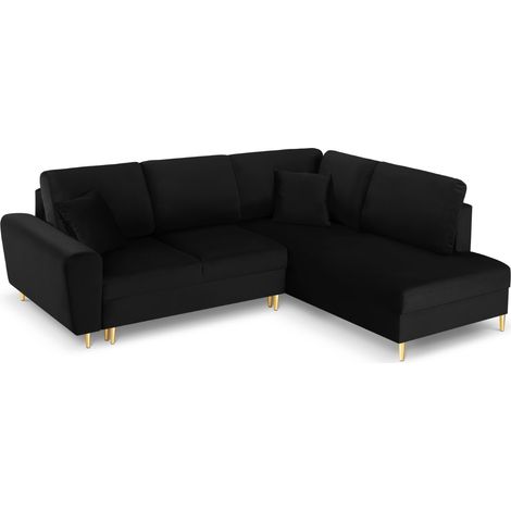 Canapé d'angle droit convertible + box 5 places en velours noir (1/5)