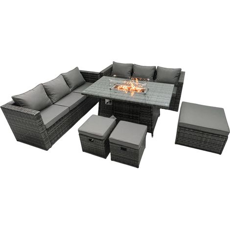 Fimous Rattan Garden Furniture Firepit Dining Set 9 Seater Lounge Sofa Table Set with 3 Footstool