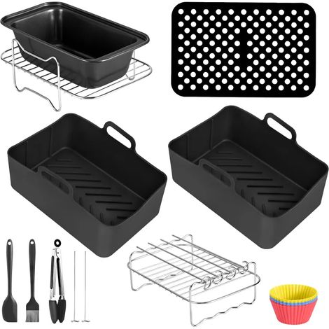 Kit 10 accessoires pour friteuse à air chaud double panier : revêtement silicone + grille adaptée Tower T17088, compatible modèles 7,6 L à 9,6 L. (1/5)