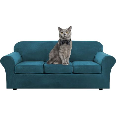 Soft and stretchy velvet sofa cover with separate cushion covers for 1, 2, 3 seater sofas with anti-slip strap for living room, bedroom (blue, 2, 3 seater) (1/5)