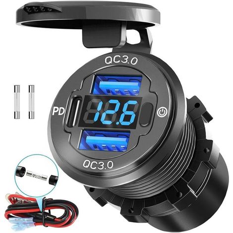 78-W-Dreifach-USB-Anschluss (12 V) mit Voltmeter-Schalter – PD3.0- und Dual-QC3.0-Schnellladefunktion für Autos, wasserdichter USB-C-Anschluss aus Aluminiumlegierung für Auto, Wohnmobil, Motorrad und (1/5)