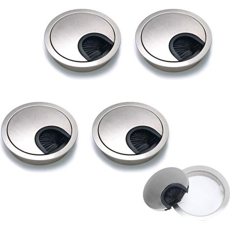 Organiseur de câbles de bureau rond encastré (lot de 4), design en métal brossé, argenté, 60 mm (1/5)