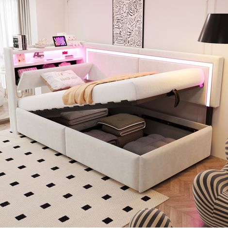 Cama tapizada sofá cama individual 90 x 200 cm con LED y USB, terciopelo beige (1/5)