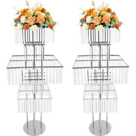Lot de 2 supports à fleurs de mariage à 5 niveaux carrés en métal avec pendentifs cristal, présentoirs floraux sur pied, centre de table pour banquet, fête, événement et réception - base ronde, hauteu (1/5)