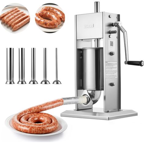 VEVOR Embutidora Manual de Salchichas Capacidad de 3 L, Embutidora Vertical de Mesa de Acero Inoxidable, con 5 Tubos de Relleno para Churros Salchichas para Restaurante Supermercado Hogar Cocina (1/5)