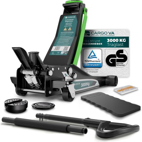 CargoVA Cric Hydraulique 3T MAX Plat 75mm – Certifié TÜV, Pédale, Double Piston, Cric Rouleur Professionnel pour SUV & Voiture, Set Complet