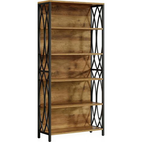 Bibliothèque ouverte industrielle à 5 niveaux, étagère haute 180 cm avec décor rinceau, MDF et métal, pour salon ou bureau, noir et bois, CHICFURN (1/5)