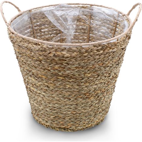 Seegras Pflanzkorb natur mit Henkel - 27 x 24 cm - Pflanztopf mit Folie ausgekleidet - Deko Blumenkorb Blumentopf Rattan Flechtkorb für Zimmerpflanzen