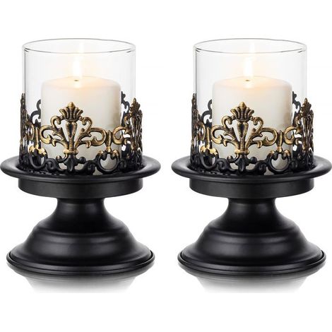 BelleRise - Ensemble de bougeoirs piliers noirs style shabby chic pour tables-Bougeoir gothique en verre rustique -Centre de table style ouragan (1/5)