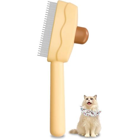 Katzenhaarmassagekamm, Pflegebürste für Katzen und Hunde, Hundebürste mit Auslöseknopf für Haustiere mit kurzem und langem Fell (gelb) (1/5)