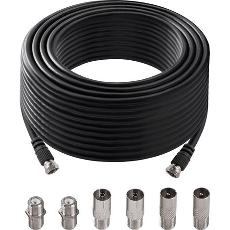 10m 75 Ohm Câble Coaxial RG6, F Mâle vers F Mâle Haut Débit RG6 Câble D'antenne TV, avec 6 Pièces Coupleurs D'extension, pour décodeur, TV, Satellite, Routeur Numérique, Noir (1/5)