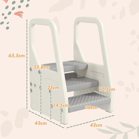 Marchepied enfant, réglable de 3 à 2 marches, avec poignée, antidérapant, pour différentes pièces, en plastique gris (1/5)