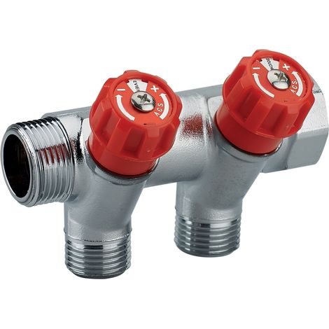 Colector Macho Hembra 3/4 con Grifos Válvulas Rojas QUICK PLOMBERIE - 2 Salidas Macho 1/2