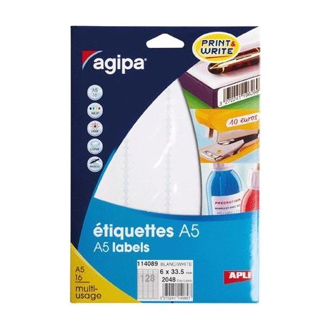 Étiquettes adhésives A5 - AGIPA - Étui 2048 - 2048 étiquettes - 6x33,5 mm - Adhésif permanent