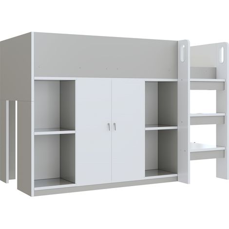 Cama alta multifunción 90 x 200 cm con almacenaje, armario y estantes, gris y blanco (1/5)