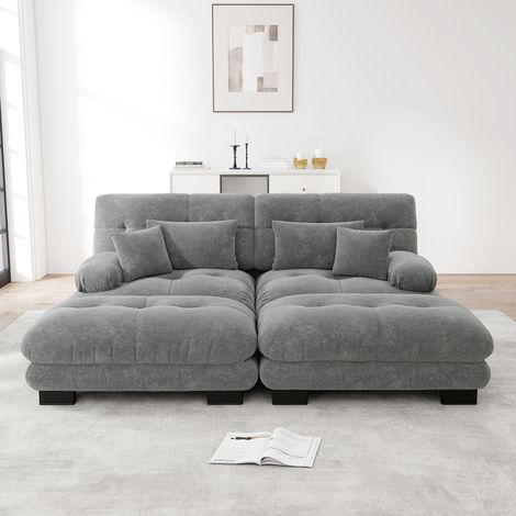 Divano a 2 posti grigio,divano letto in tessuto ciniglia,struttura in legno massello,2 cuscini lombari + 2 cuscini decorativi,2 poggiapiedi rimovibili