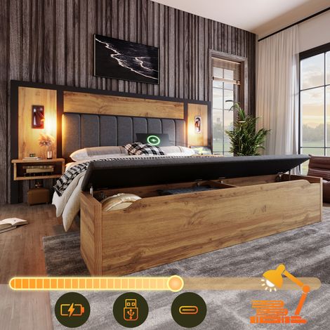 Finition chêne et lin, lit double 180x200 avec chevets, lampes de lecture USB-C et banc coffre pour chambre (1/5)