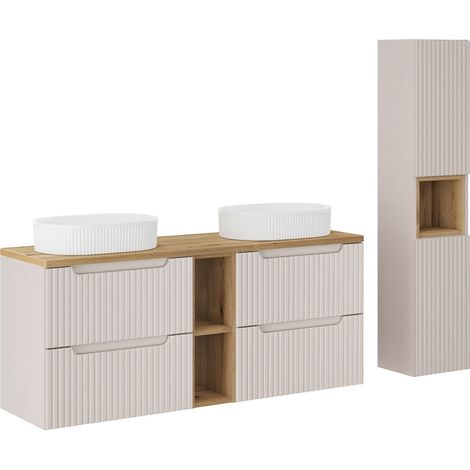 Doppelwaschtisch und Hängesäule 140.4cm Riva mit 4 Schubladen, Kaschmir und Holzoptik