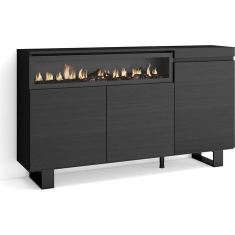 Buffet Salon et Cuisine Meuble de Rangement, Commode 150x87x35cm 3 Portes Cheminée électrique Design Industriel Style Moderne Noir (1/5)