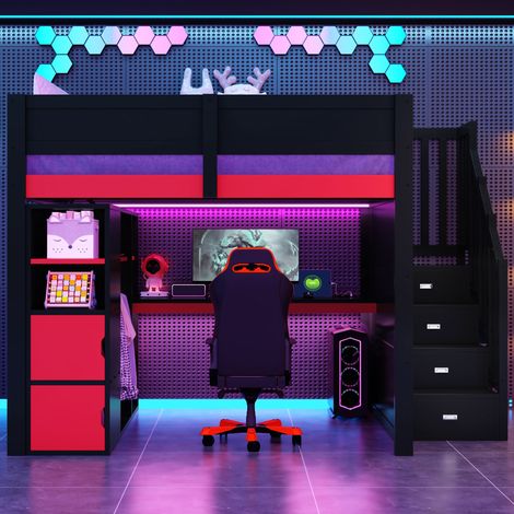 DESVIAE Lit mezzanine gaming 140 x 200 cm avec bureau rangements escalier de rangement éclairage LED USB noir rouge (1/5)