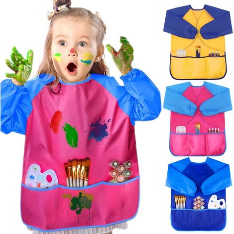 Confezione da 3 grembiuli da pittura impermeabili a maniche lunghe per bambini dai 5 agli 8 anni, con 3 tasche. (1/4)