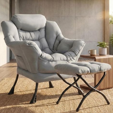 Poltrona per orecchie con sgabello, sedia Lazy Chair, per soggiorno con tasca laterale e poggiapiedi, poltrona da lettura, comoda poltrona per soggiorno, camera da letto (Grigio chiaro) (1/5)