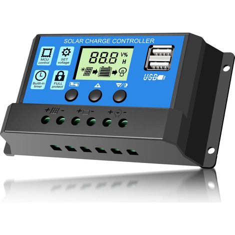 Régulateur de Charge Solaire 30A 12V/24V avec affichage LED, double port USB, réglage du temps et paramètres automatiques PWM (1/5)