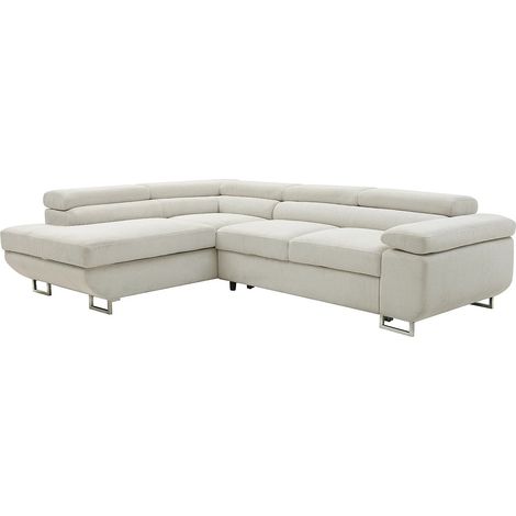 Vente-Unique – Canapé d'angle gauche convertible 5 places en velours côtelé beige – Coffre intégré – 5 têtières relax – Convertible tiroir (1/5)
