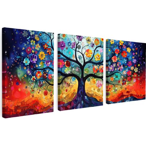 CUADRO EN LIENZO Colorido - Árbol de la vida - Flores - Abstracto Tríptico Set de 3 180x80 (1/5)