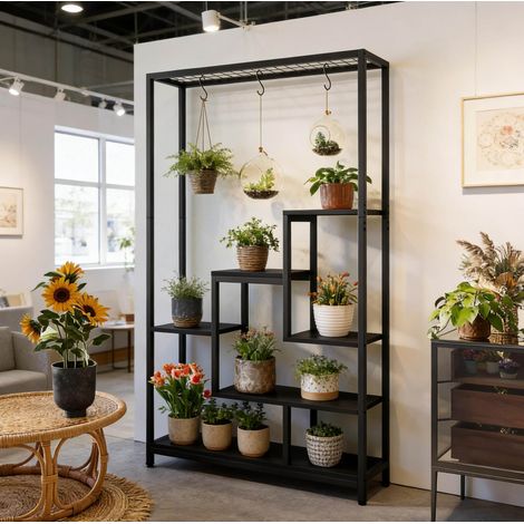 Mueble estantería para plantas de metal y madera negra OKMYHOME (1/5)