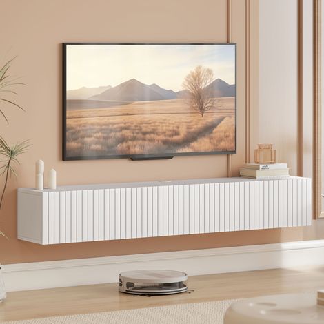 Meuble TV suspendu 140 cm 72 pouces 2 portes rabattables 140x25x22 cm blanc. Meuble TV suspendu blanc, sobre et design. (1/5)