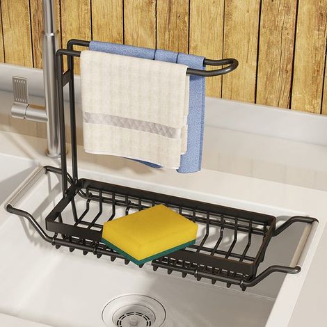 Égouttoir de cuisine pour évier, pouvant contenir éponges et liquide vaisselle, avec rangement rétractable pour le tuyau d'évacuation - noir (1/5)