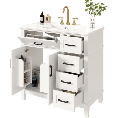 CAIziMeuble de salle de bain 90 cm avec vasque, tiroirs et portes, blanc (1/5)