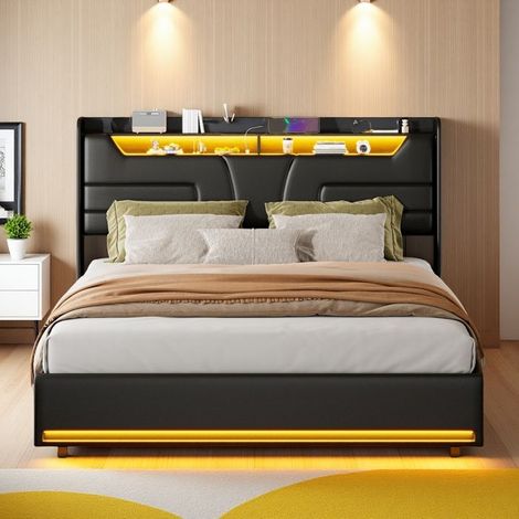 Bett 160x200 cm, Bett mit Stauraum 160x200 cm, Aufbewahrung und Lattenrost inklusive, Doppelbett 160x200 cm für 2 Personen, LED+USB, PU Schwarz